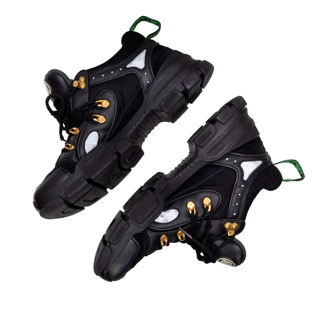 Gucci Flashtrek Chunky Sneakers Black Gold Mesh Leather Low Top Shoes (8.5 US)